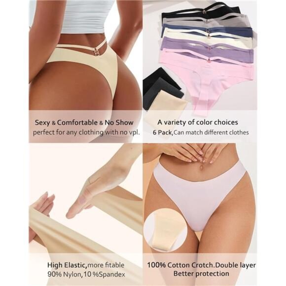 Women's Underwear Seamless Thongs 6 Pack No Show Thong Breathable Invisibles - Picture 6 of 7